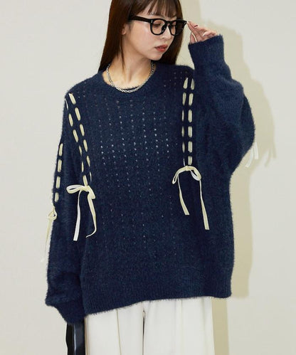 天鵝絨蝴蝶結編織羽毛針織衫