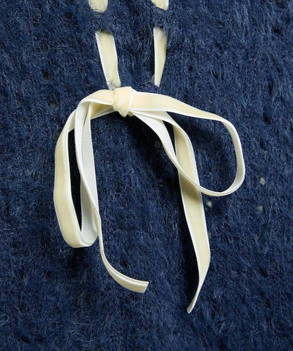 天鵝絨蝴蝶結編織羽毛針織衫