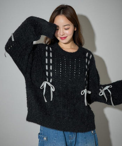 天鵝絨蝴蝶結編織羽毛針織衫