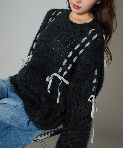 天鵝絨蝴蝶結編織羽毛針織衫
