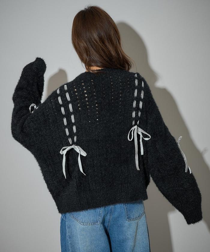 天鵝絨蝴蝶結編織羽毛針織衫