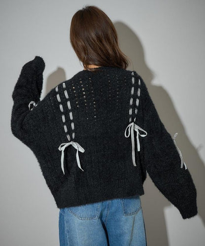 天鵝絨蝴蝶結編織羽毛針織衫