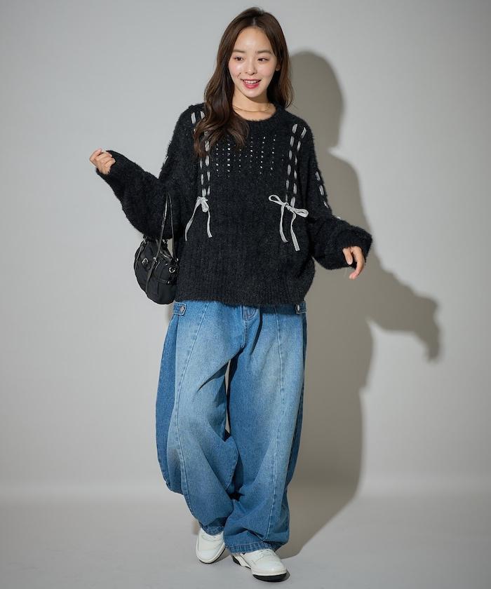 天鵝絨蝴蝶結編織羽毛針織衫