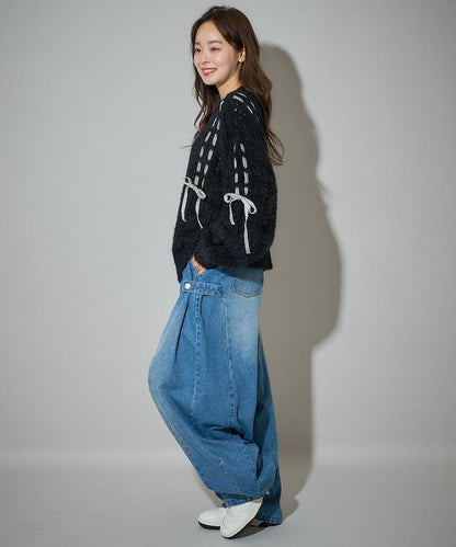 天鵝絨蝴蝶結編織羽毛針織衫