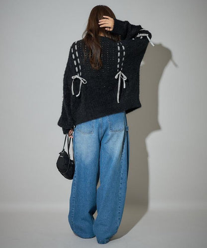 天鵝絨蝴蝶結編織羽毛針織衫