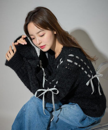 天鵝絨蝴蝶結編織羽毛針織衫