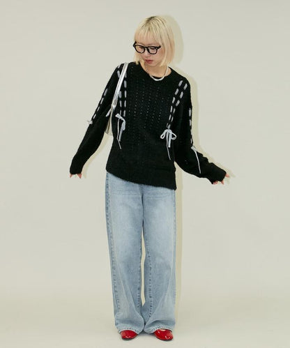 天鵝絨蝴蝶結編織羽毛針織衫