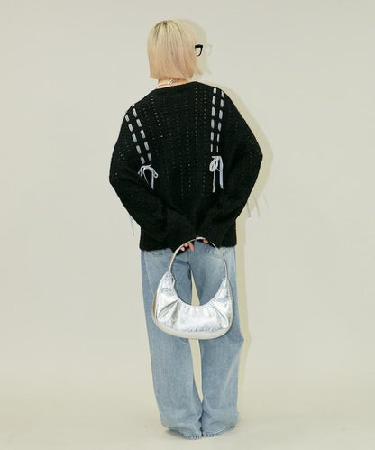 天鵝絨蝴蝶結編織羽毛針織衫