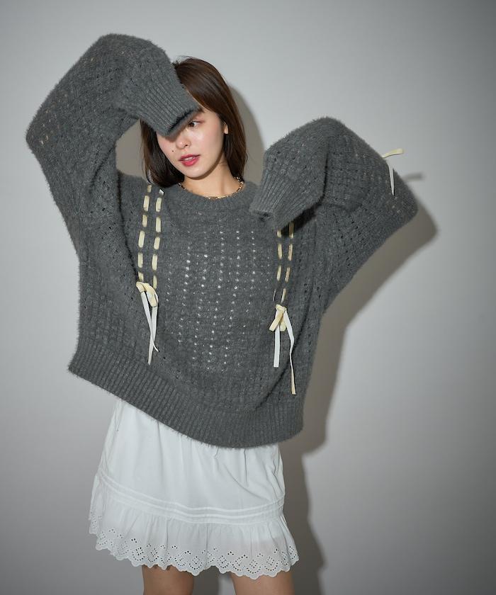 天鵝絨蝴蝶結編織羽毛針織衫
