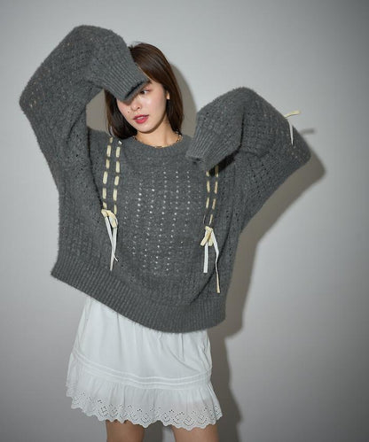 天鵝絨蝴蝶結編織羽毛針織衫