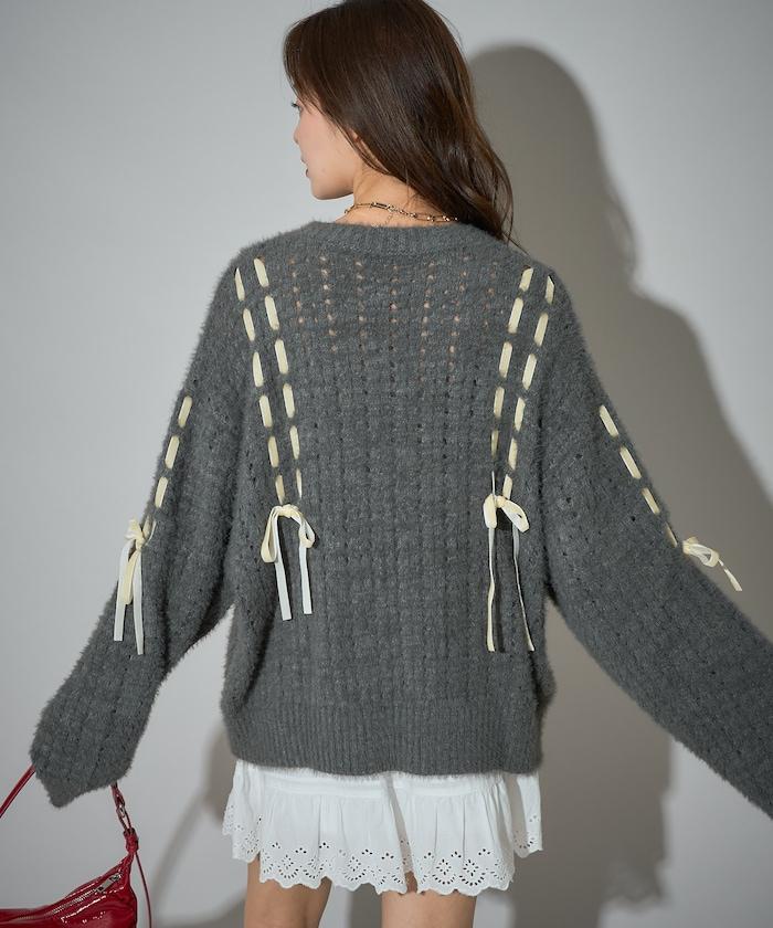 天鵝絨蝴蝶結編織羽毛針織衫