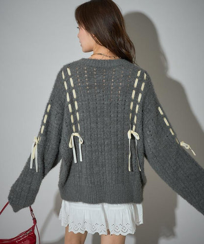 天鵝絨蝴蝶結編織羽毛針織衫
