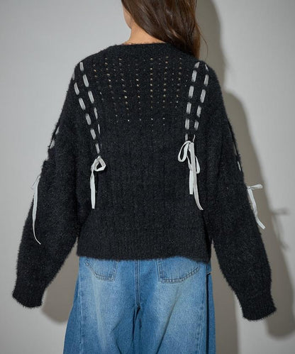 天鵝絨蝴蝶結編織羽毛針織衫