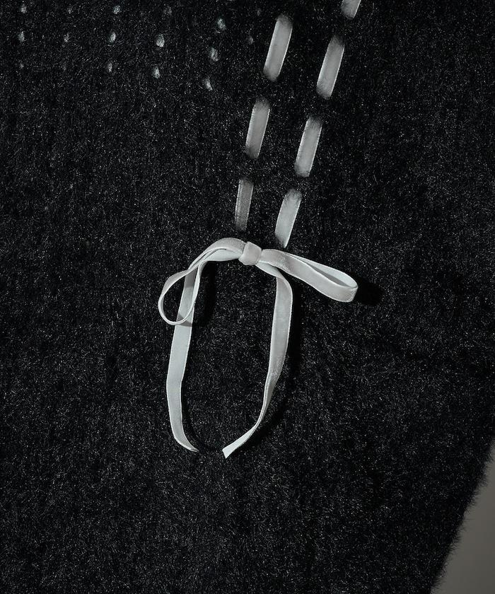 天鵝絨蝴蝶結編織羽毛針織衫