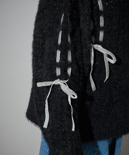 天鵝絨蝴蝶結編織羽毛針織衫