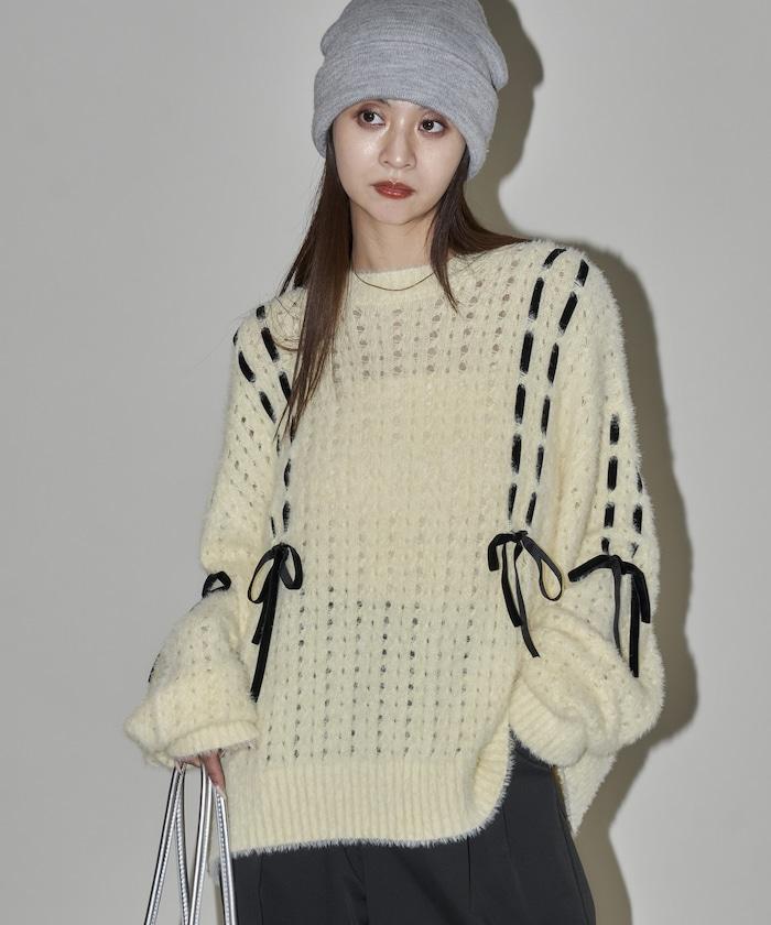 天鵝絨蝴蝶結編織羽毛針織衫