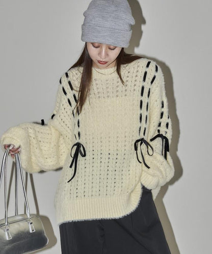 天鵝絨蝴蝶結編織羽毛針織衫