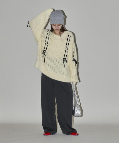 天鵝絨蝴蝶結編織羽毛針織衫