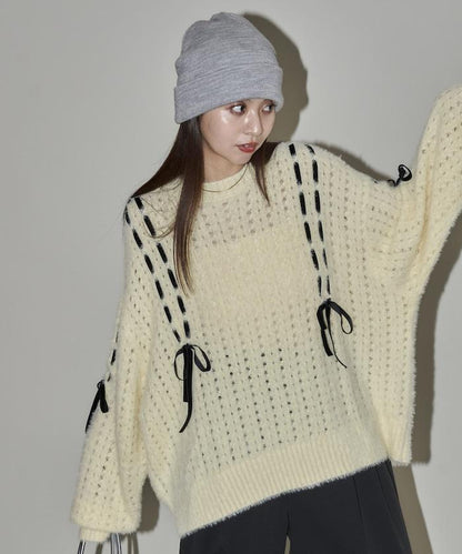 天鵝絨蝴蝶結編織羽毛針織衫