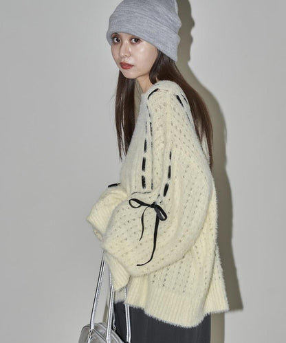 天鵝絨蝴蝶結編織羽毛針織衫