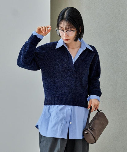 燈芯絨開領翻領針織衫
