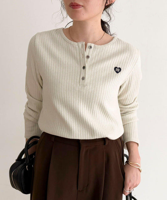 愛心刺繡亨利領羅紋套頭衫