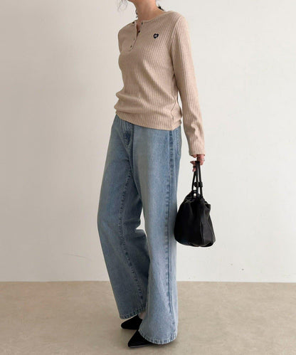 愛心刺繡亨利領羅紋套頭衫