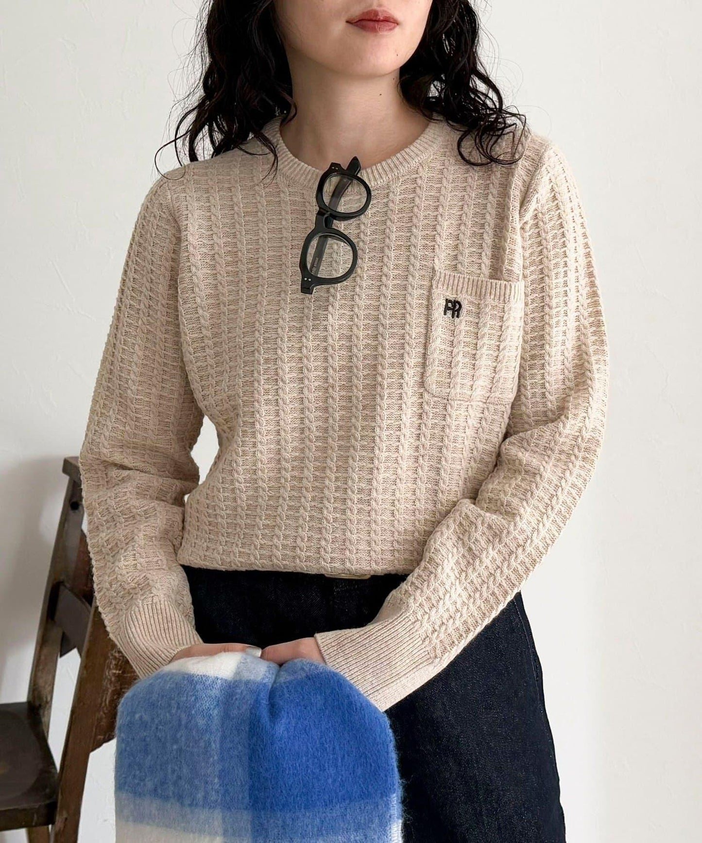 FR刺繡麻花紋小口袋針織套頭衫