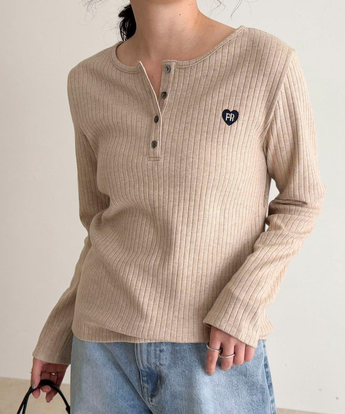 愛心刺繡亨利領羅紋套頭衫