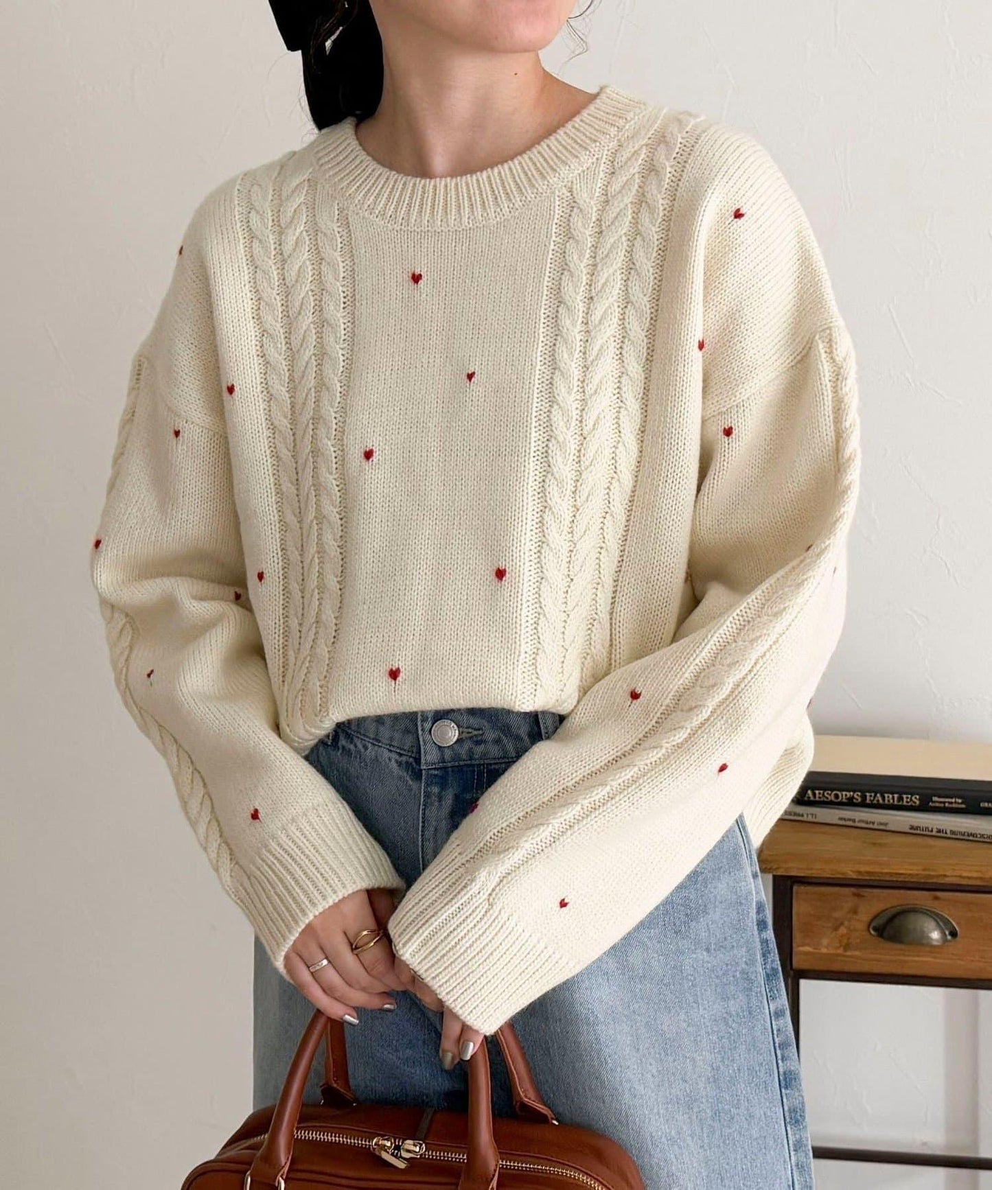 愛心刺繡圖案針織套頭衫