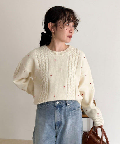 愛心刺繡圖案針織套頭衫