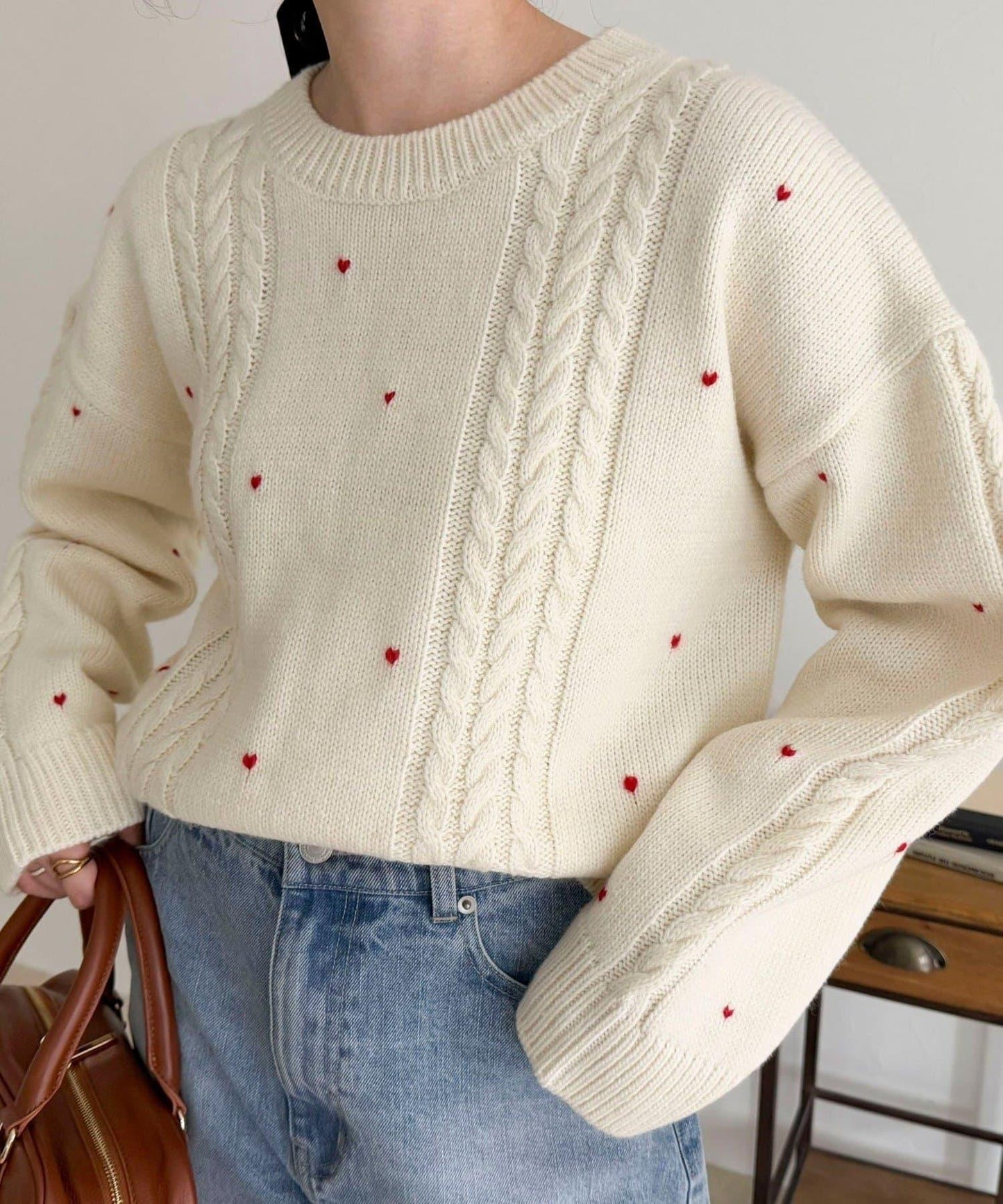 愛心刺繡圖案針織套頭衫