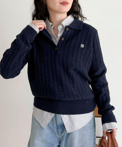 FR刺繡麻花紋理POLO領針織套頭衫