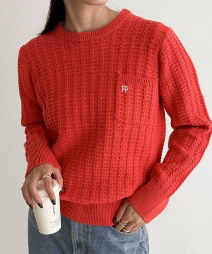 FR刺繡麻花紋小口袋針織套頭衫