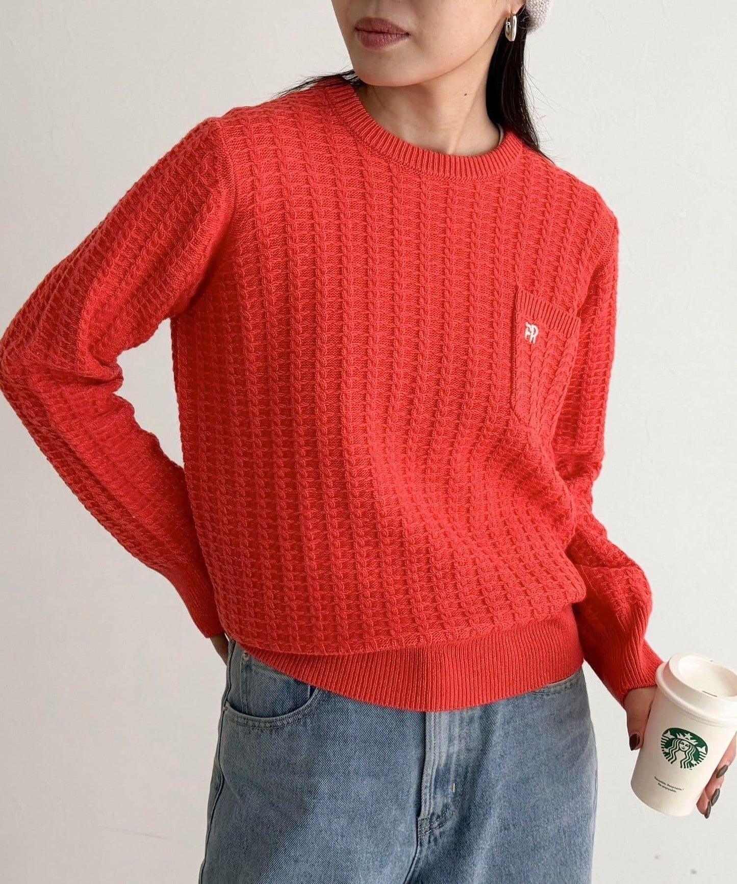 FR刺繡麻花紋小口袋針織套頭衫