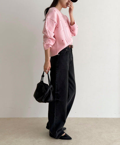 愛心刺繡圖案針織套頭衫