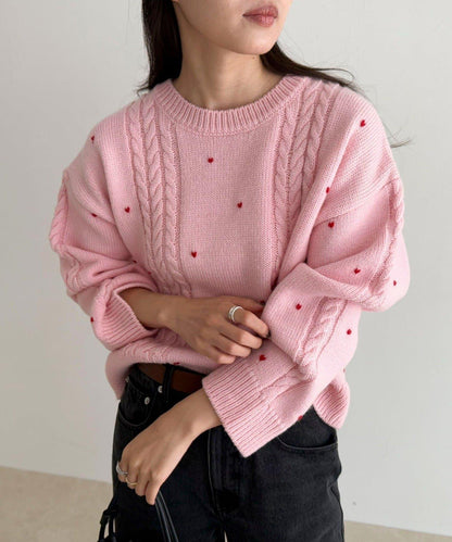 愛心刺繡圖案針織套頭衫