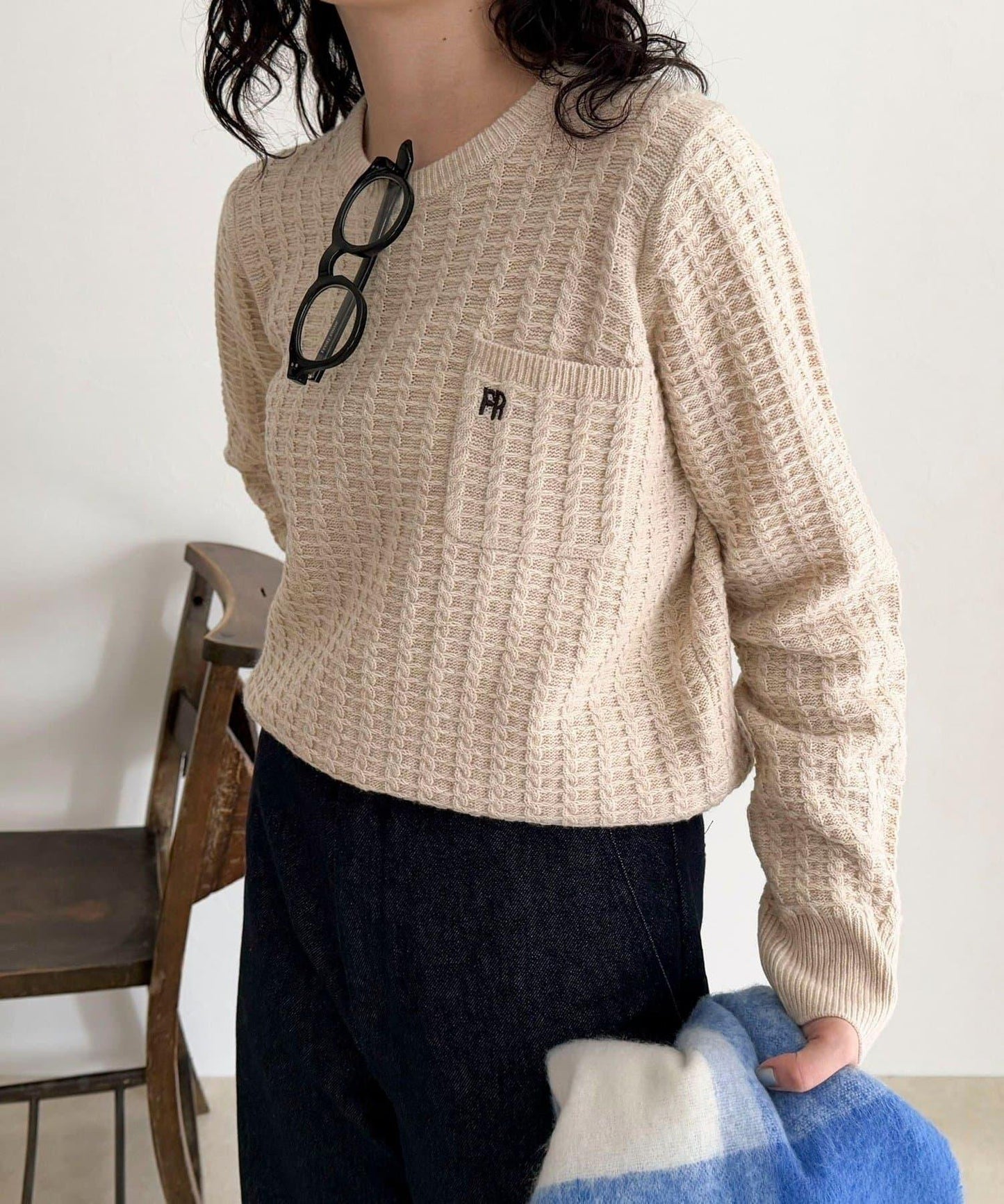 FR刺繡麻花紋小口袋針織套頭衫