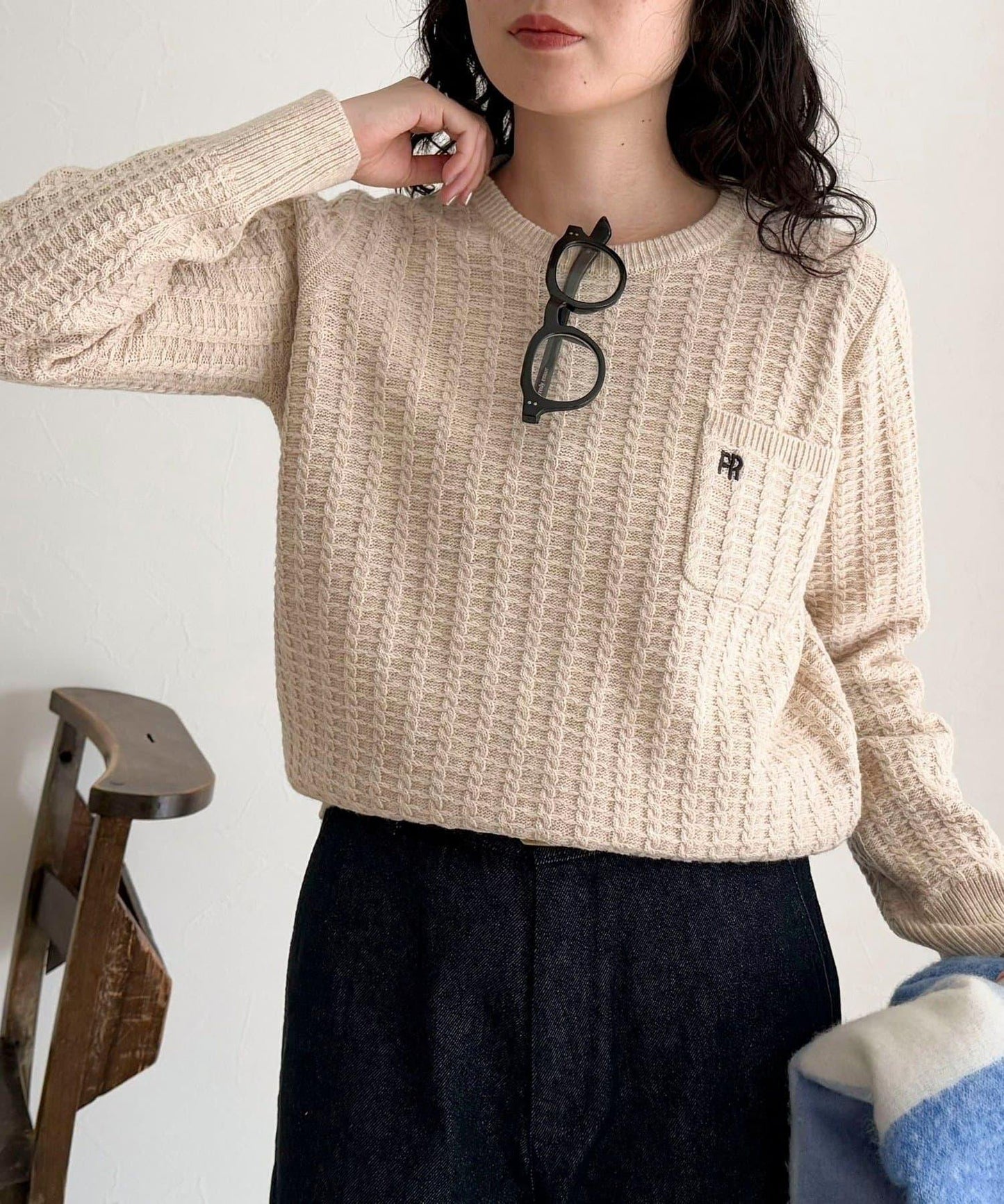 FR刺繡麻花紋小口袋針織套頭衫