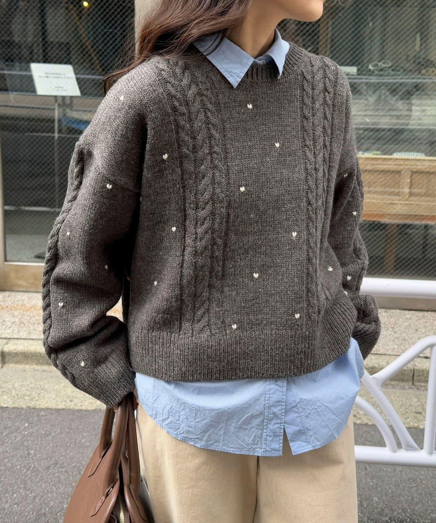 愛心刺繡圖案針織套頭衫