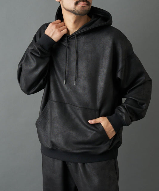 仿皮塗層連帽衛衣
