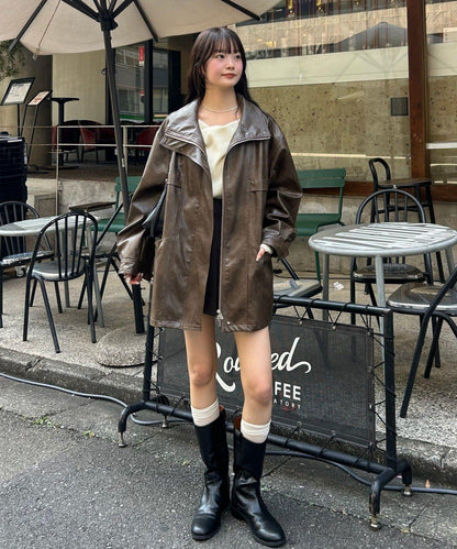 抽繩仿皮夾克