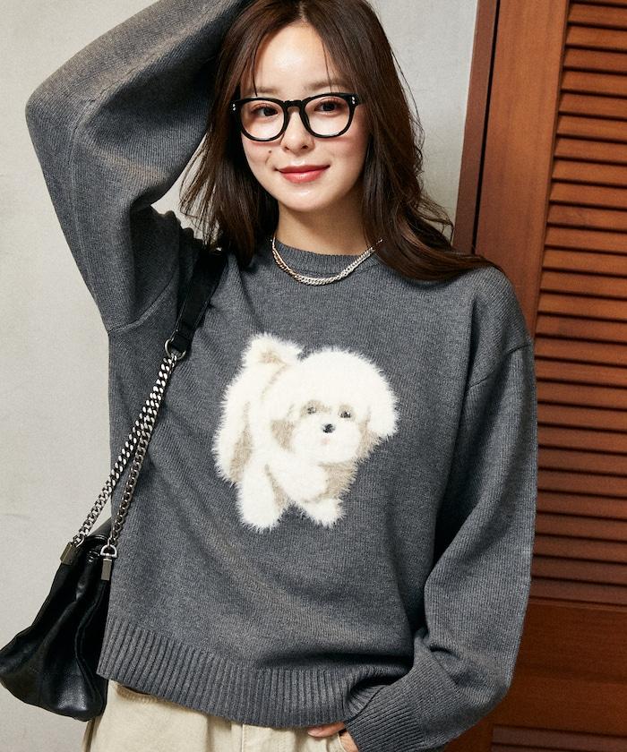 羽毛狗狗提花針織套頭衫