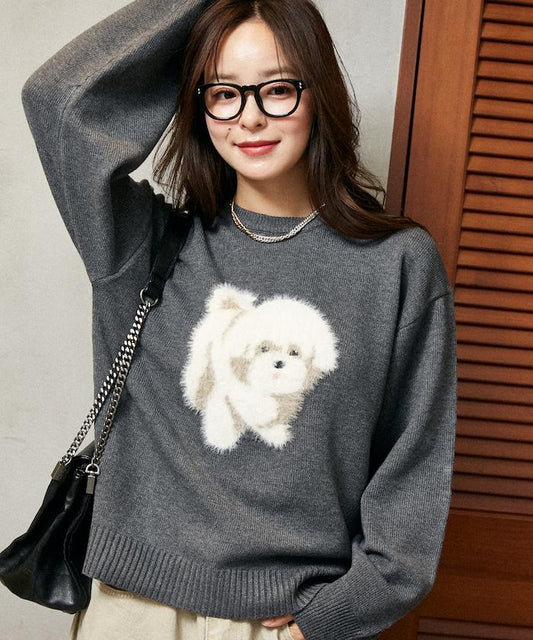 羽毛狗狗提花針織套頭衫