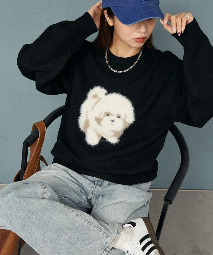 羽毛狗狗提花針織套頭衫