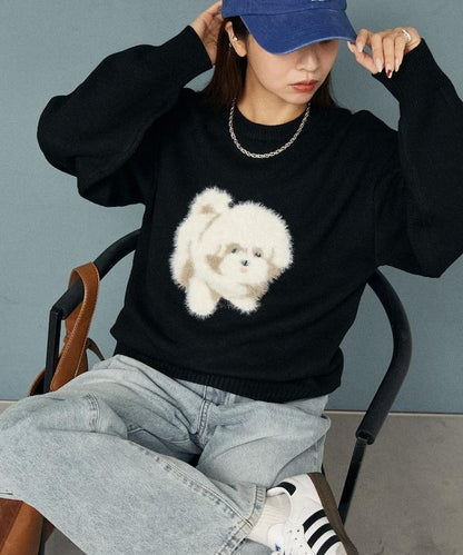 羽毛狗狗提花針織套頭衫