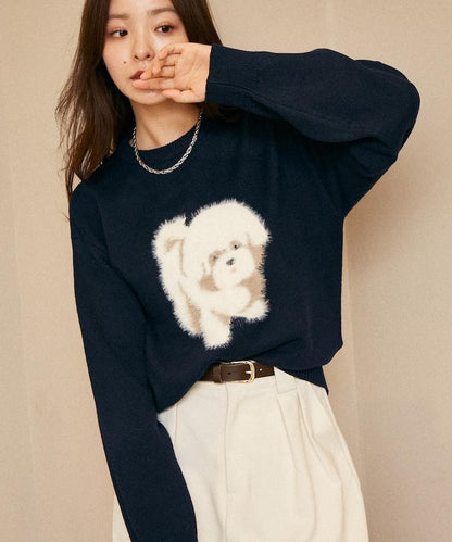 羽毛狗狗提花針織套頭衫