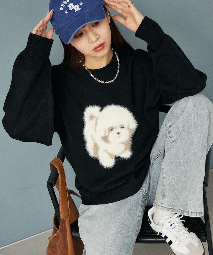 羽毛狗狗提花針織套頭衫