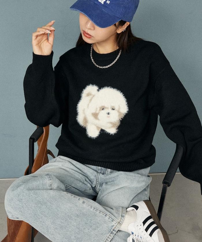 羽毛狗狗提花針織套頭衫