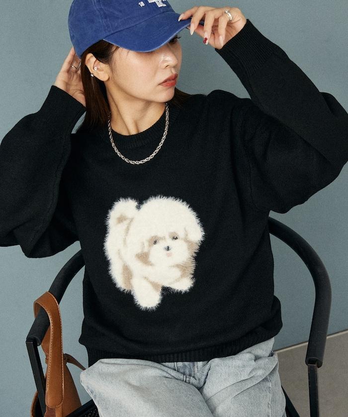 羽毛狗狗提花針織套頭衫